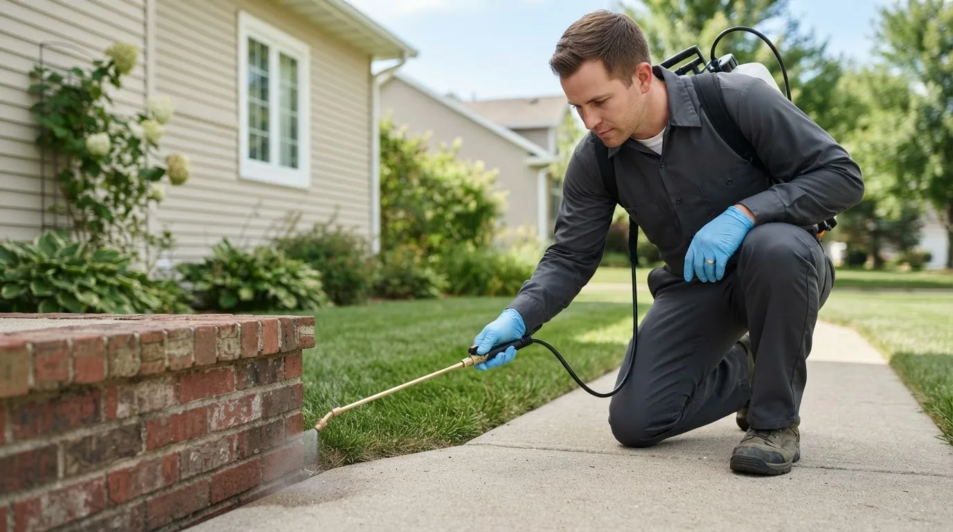 Pest control technician treating a home near Ada, MI