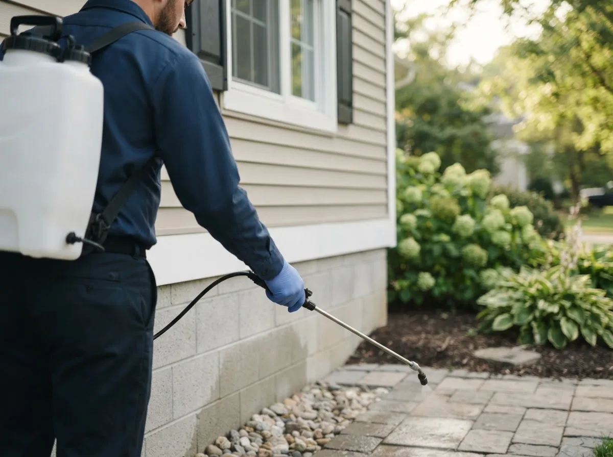Pest control technician inspecting a home in Ada, MI